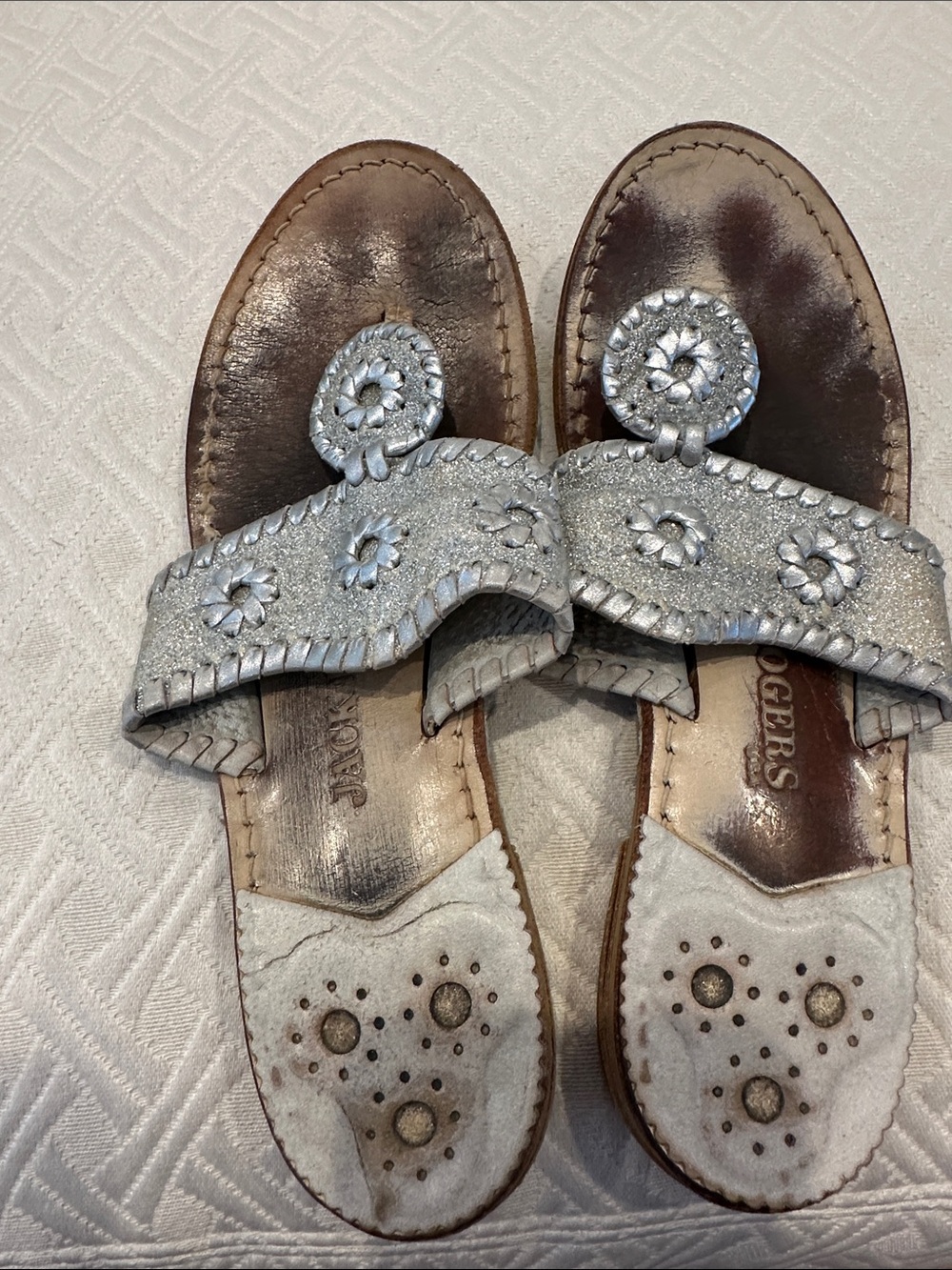Jack Rogers Silver Leather Sandals with Signature Medallion